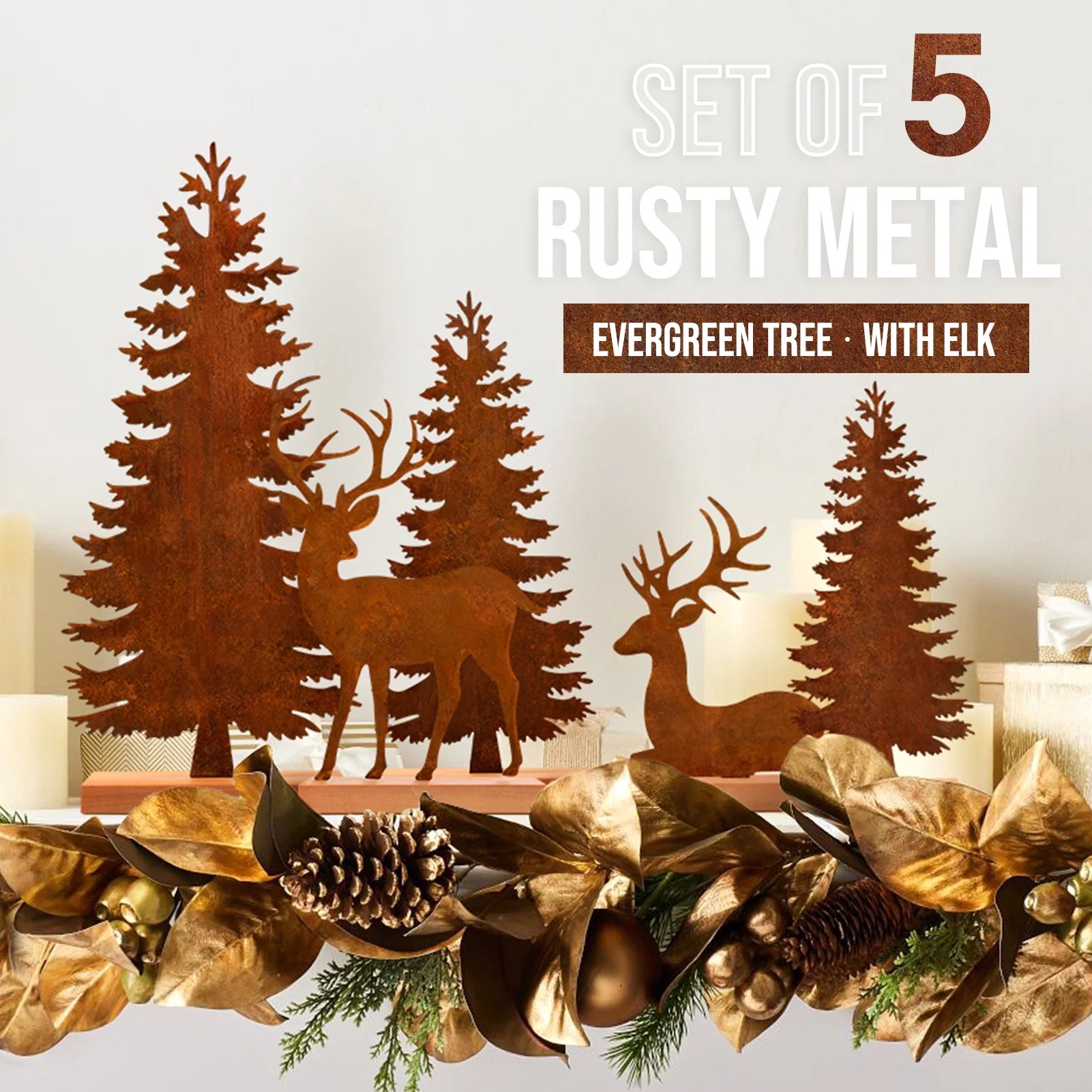 Christmas Tabletop Decorations Indoor, 5Pcs Tree and Reindeer Rustic Christmas Decor