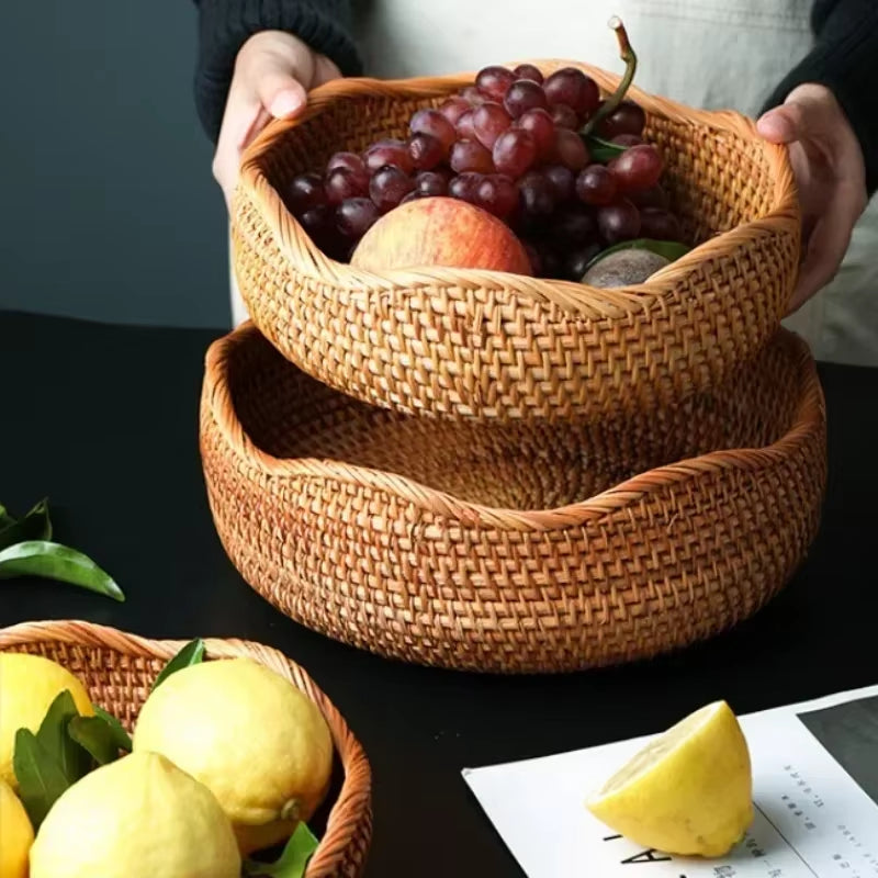 New Handwoven Storage Basket Rattan Storage Tray Wicker Basketbread Fruit Breakfast Tea Picnic Basket Kitchen Storagebasket