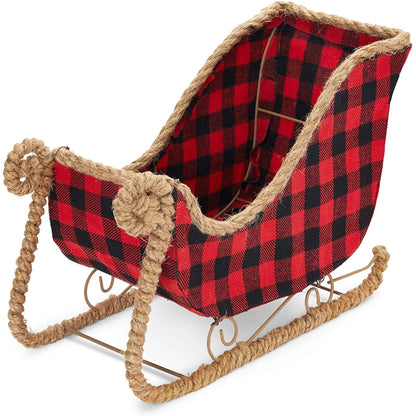 Small Santa Claus Christmas Sleigh Decoration, Red Buffalo Plaid Table Centerpiece for Holiday Decor (11 X 5 X 7.8 In)