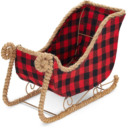 Small Santa Claus Christmas Sleigh Decoration, Red Buffalo Plaid Table Centerpiece for Holiday Decor (11 X 5 X 7.8 In)