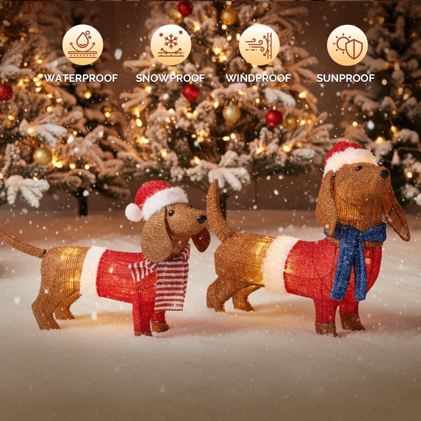 2-Piece Christmas Decor Lighted Wiener Dog, Pre-Lit Outdoor Indoor Christmas Decor with Warm White Leds