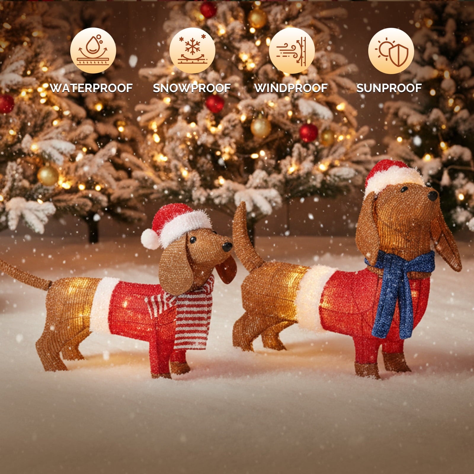 2-Piece Christmas Decor Lighted Wiener Dog, Pre-Lit Outdoor Indoor Christmas Decor with Warm White Leds