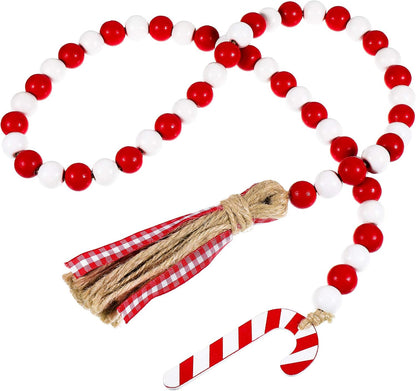 Christmas Wooden Bead Garland Wreath, 39 Inches Decorated with Candy Canes Tassels Wood Bead Garland for Christmas Tree Tiered Tray Decor Home Farmhouse Wall Hanging Ornaments(Red White)