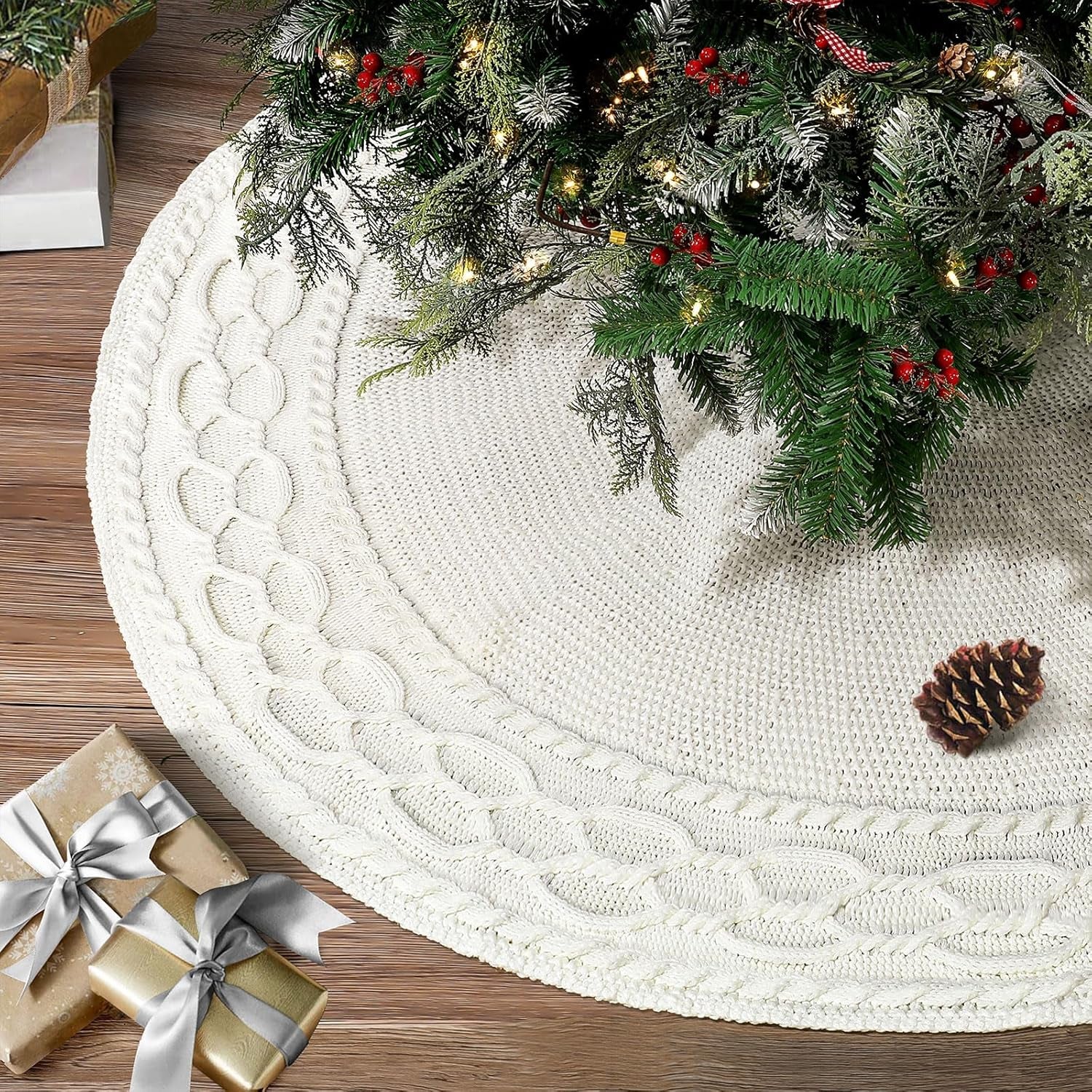 White Tree Skirt 48 Inch Ivory Cable Knit Christmas Tree Skirt, Thick Cream Farmhouse Rustic Knitted Tree Skirt for Christmas Tree Decorations Xmas Holiday Home Party Decorations