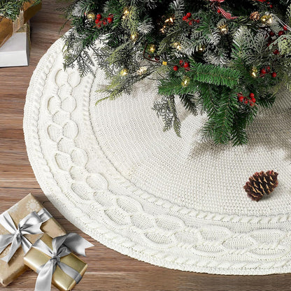 White Tree Skirt 48 Inch Ivory Cable Knit Christmas Tree Skirt, Thick Cream Farmhouse Rustic Knitted Tree Skirt for Christmas Tree Decorations Xmas Holiday Home Party Decorations