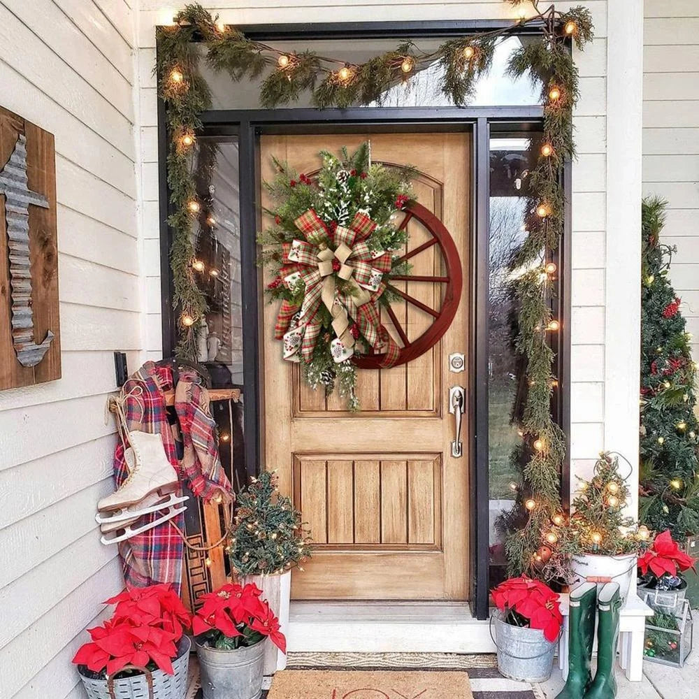 Christmas Wreath Farmhouse Wagon Wheel, Vintage Farmhouse Wreath, Christmas Decorations Wreath for Front Door Window Outdoor Hanging Home Garden Outdoor Decoration Wreath