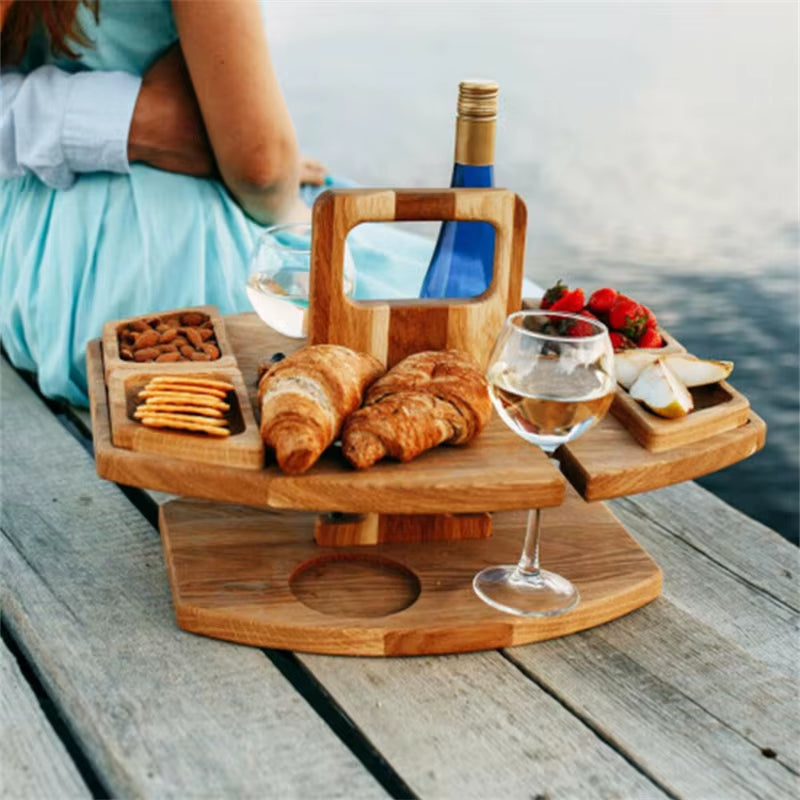 Wooden Outdoor Wine Table Folding Picnic Table with Glass Holder round Desk Wine Glass Rack Collapsible Table for Garden Party