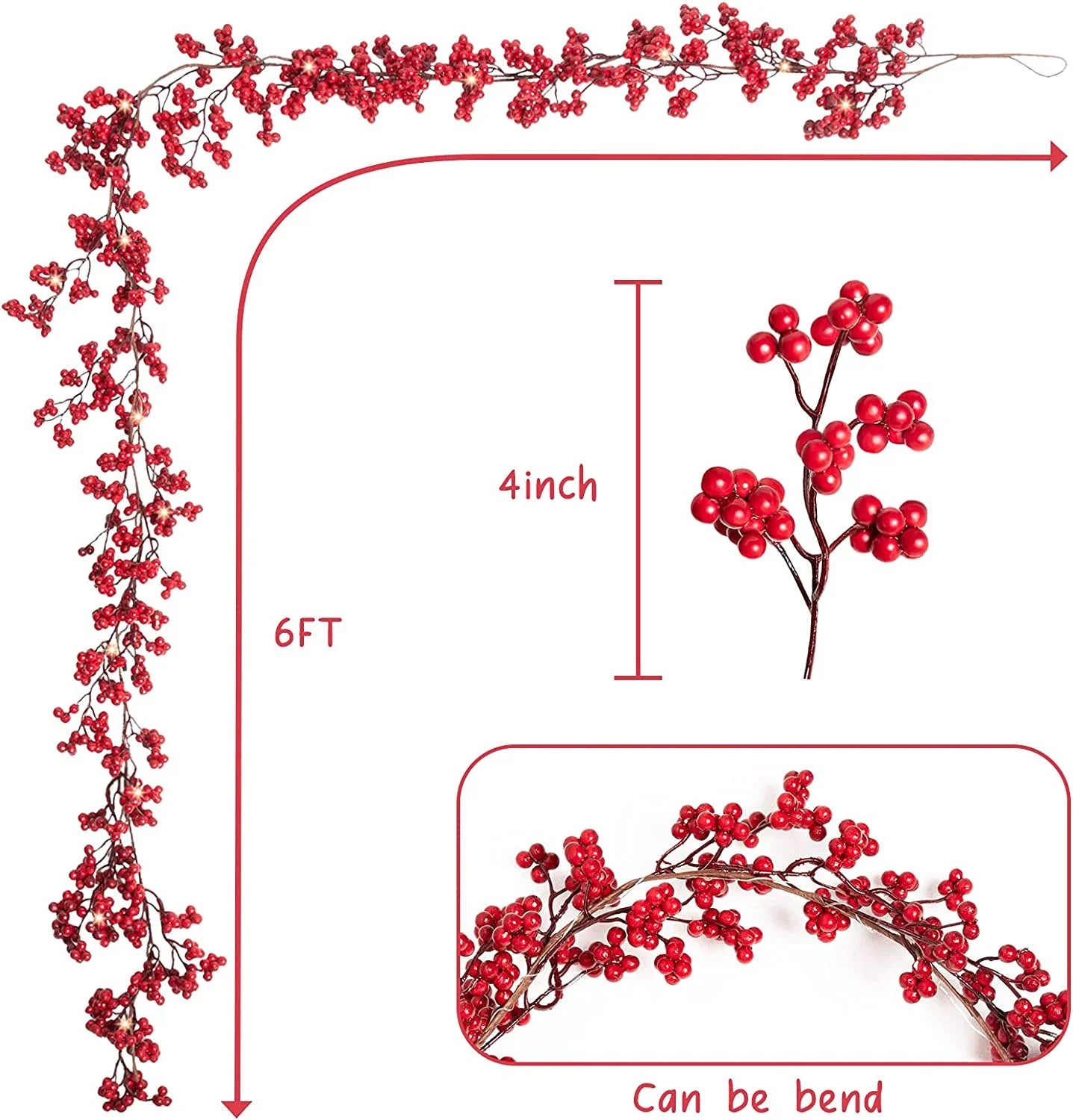 5.9Ft Red Berry Christmas Garland with Lights Artificial Garland for Indoor Mantle Fireplace Staircase Home Xmas Decoration