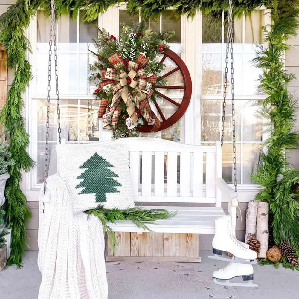 Christmas Wreath Farmhouse Wagon Wheel, Vintage Farmhouse Wreath, Christmas Decorations Wreath for Front Door Window Outdoor Hanging Home Garden Outdoor Decoration Wreath