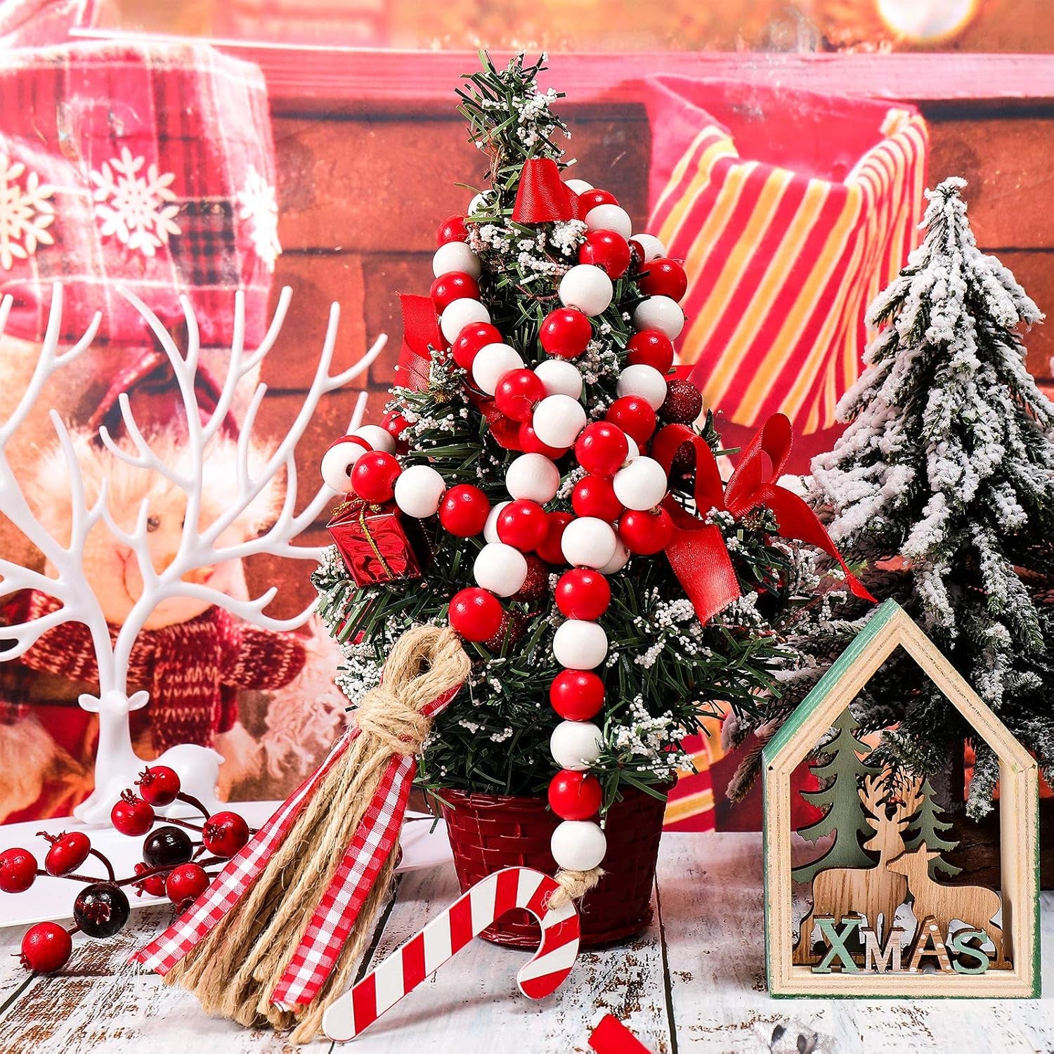 Christmas Wooden Bead Garland Wreath, 39 Inches Decorated with Candy Canes Tassels Wood Bead Garland for Christmas Tree Tiered Tray Decor Home Farmhouse Wall Hanging Ornaments(Red White)