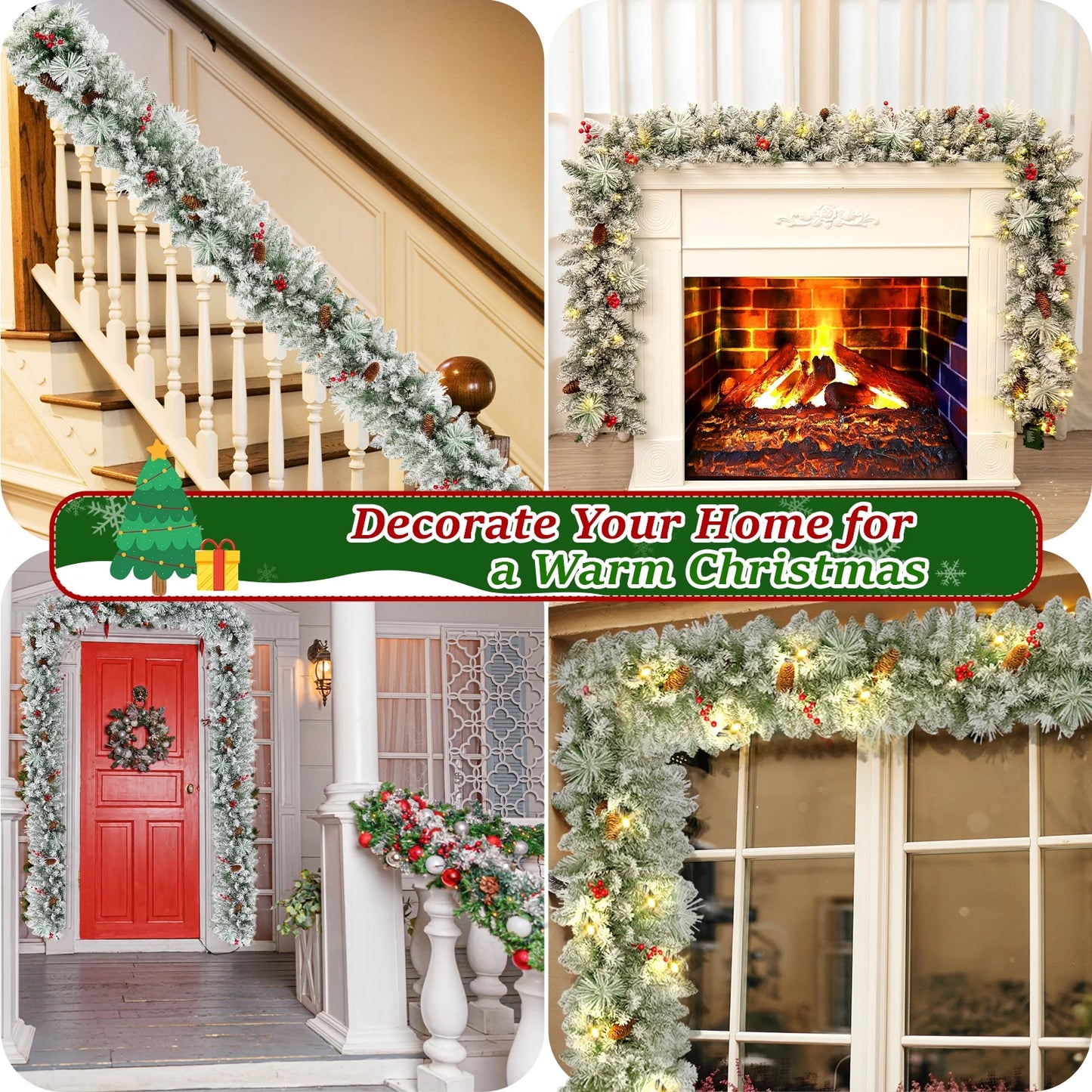 9Ft Pre-Lit Snow Flocked Christmas Garland with LED Lights W/ 8 Modes & Timer for Outdoor Indoor Xmas Decoration Fireplace Stairs Doorway Railings Decor, Battery Operated