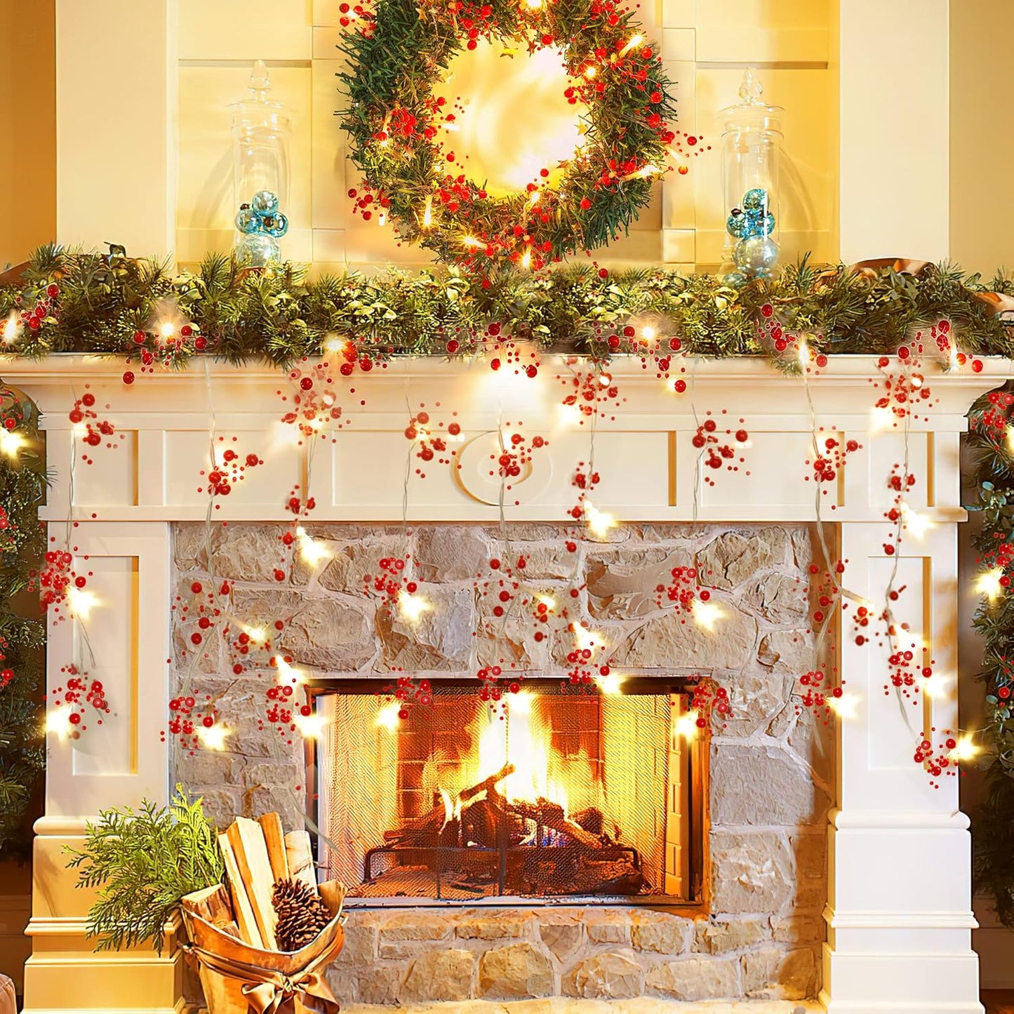 10FT 30 LED Christmas String Lights, Battery Operated, 2 Light Modes, Red Berry Garland for Christmas Tree & Fireplace Decoration, Indoor