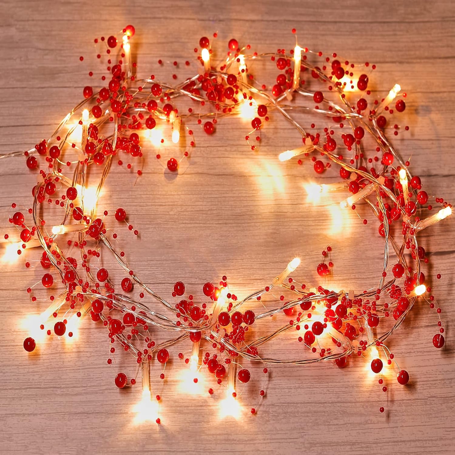 10FT 30 LED Christmas String Lights, Battery Operated, 2 Light Modes, Red Berry Garland for Christmas Tree & Fireplace Decoration, Indoor