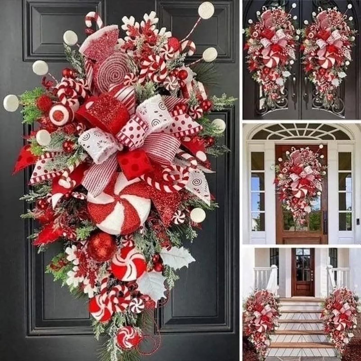 Christmas Candy Cane Wreath for Front Door Red White Teardrop Candy Cane Christmas Stairway Decorations Christmas Wreath with Candy Christmas Onrnament for Home Indoor D Home Decor