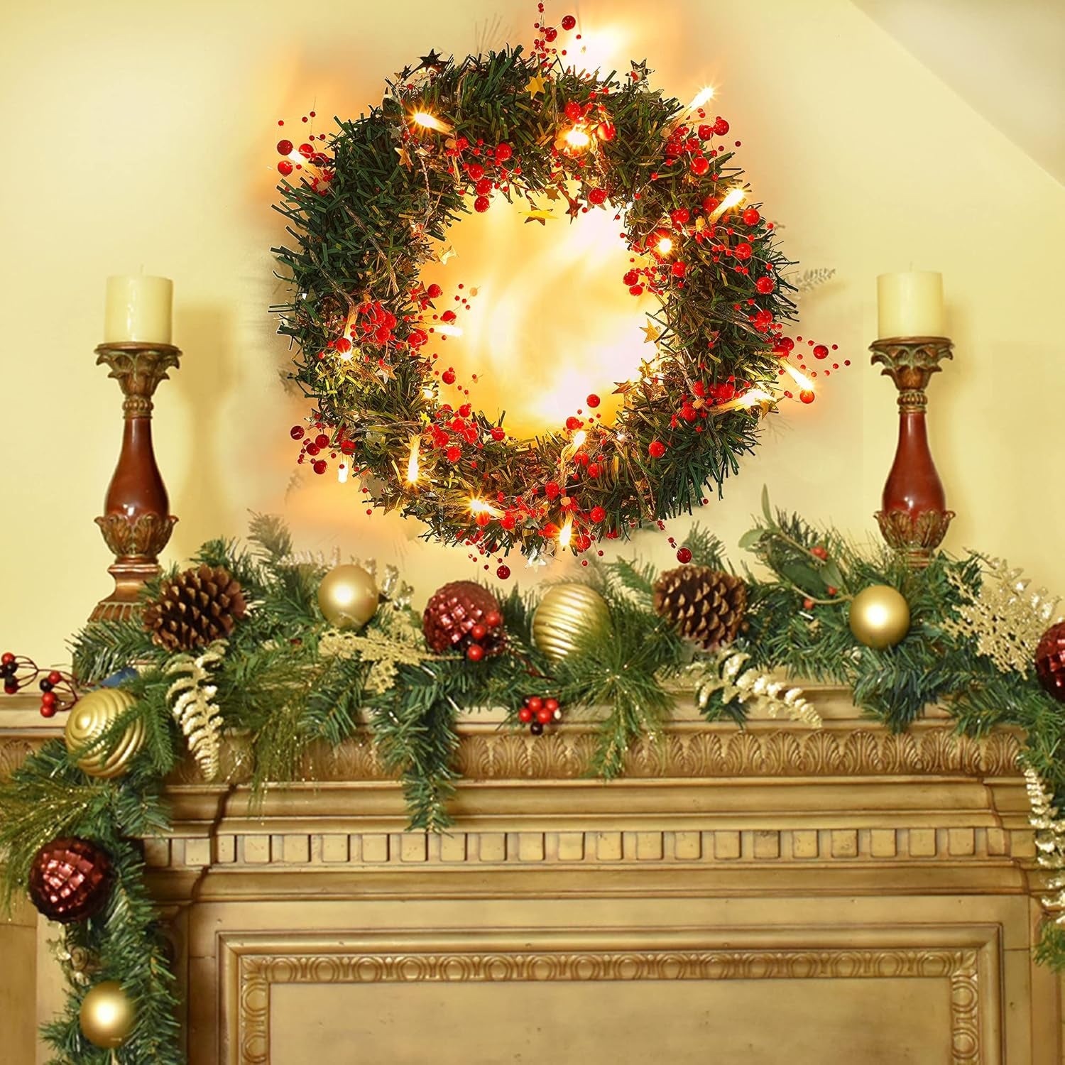 10FT 30 LED Christmas String Lights, Battery Operated, 2 Light Modes, Red Berry Garland for Christmas Tree & Fireplace Decoration, Indoor