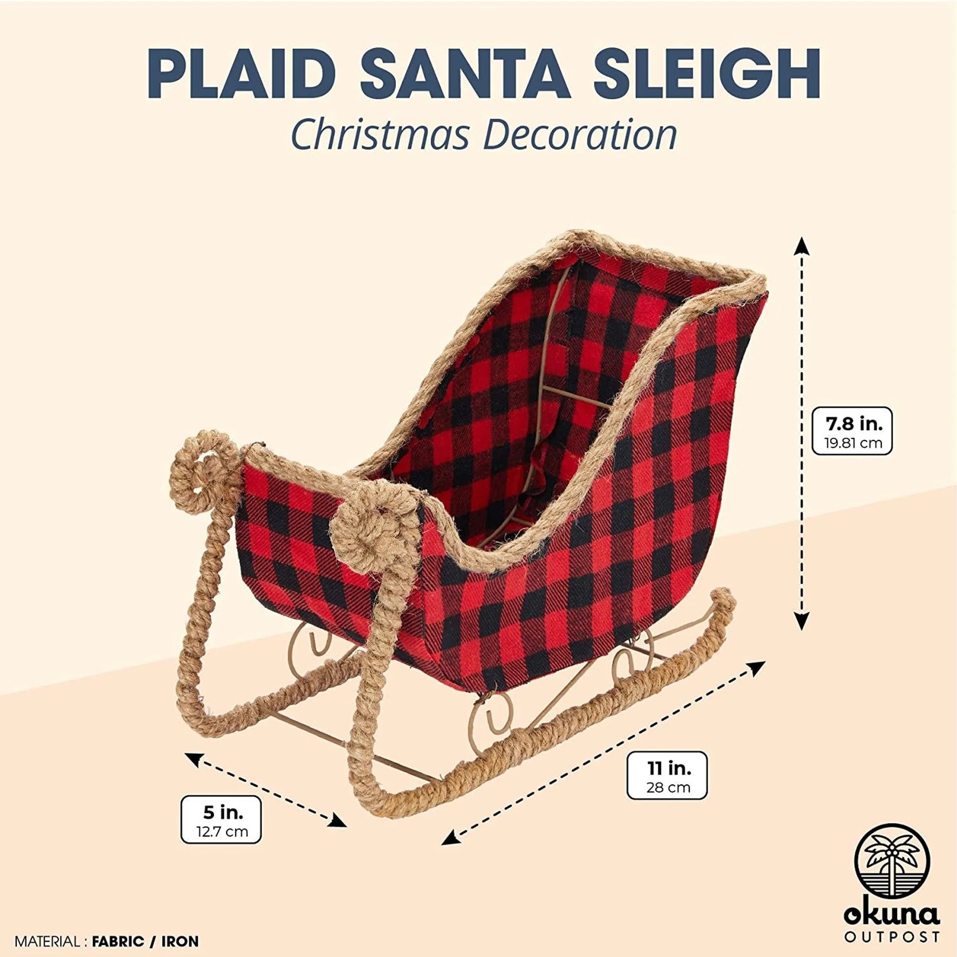 Small Santa Claus Christmas Sleigh Decoration, Red Buffalo Plaid Table Centerpiece for Holiday Decor (11 X 5 X 7.8 In)