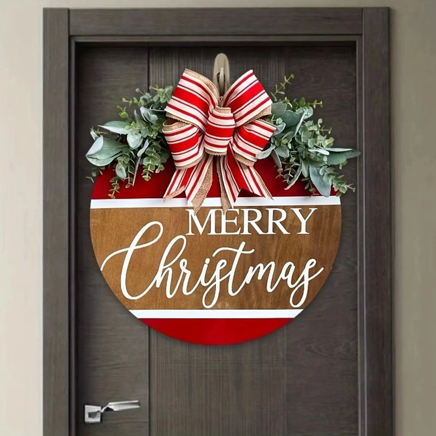 Merry Christmas Wall Wreath,Red Artificial Christmas Wreath with Bowknot,Front Door Ornament,Indoor Outdoor Christmas Decor
