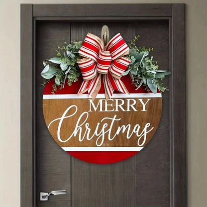 Merry Christmas Wall Wreath,Red Artificial Christmas Wreath with Bowknot,Front Door Ornament,Indoor Outdoor Christmas Decor