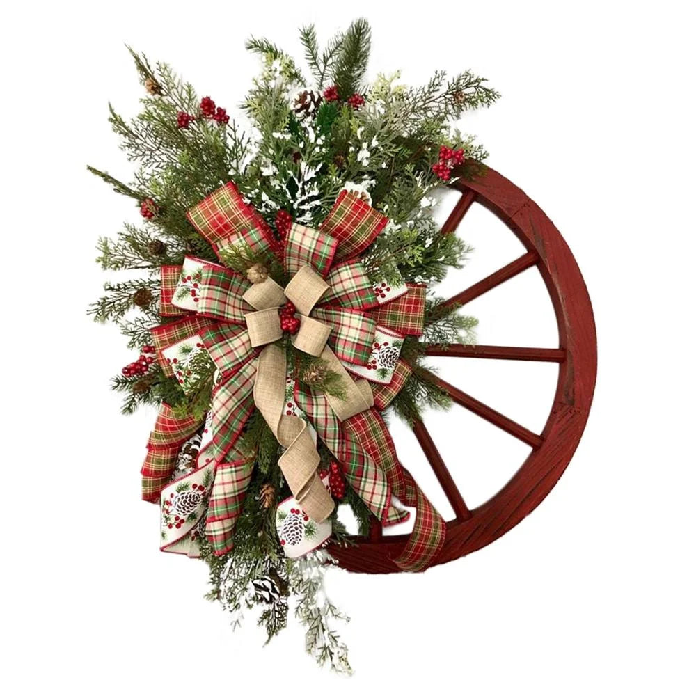 Christmas Wreath Farmhouse Wagon Wheel, Vintage Farmhouse Wreath, Christmas Decorations Wreath for Front Door Window Outdoor Hanging Home Garden Outdoor Decoration Wreath