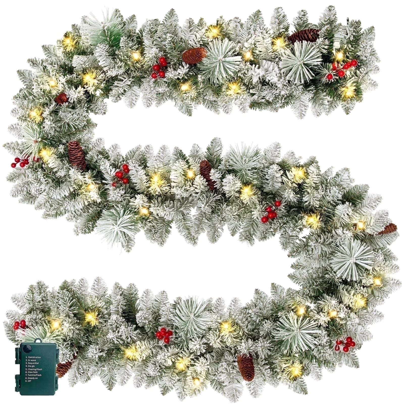 9Ft Pre-Lit Snow Flocked Christmas Garland with LED Lights W/ 8 Modes & Timer for Outdoor Indoor Xmas Decoration Fireplace Stairs Doorway Railings Decor, Battery Operated