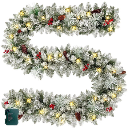 9Ft Pre-Lit Snow Flocked Christmas Garland with LED Lights W/ 8 Modes & Timer for Outdoor Indoor Xmas Decoration Fireplace Stairs Doorway Railings Decor, Battery Operated