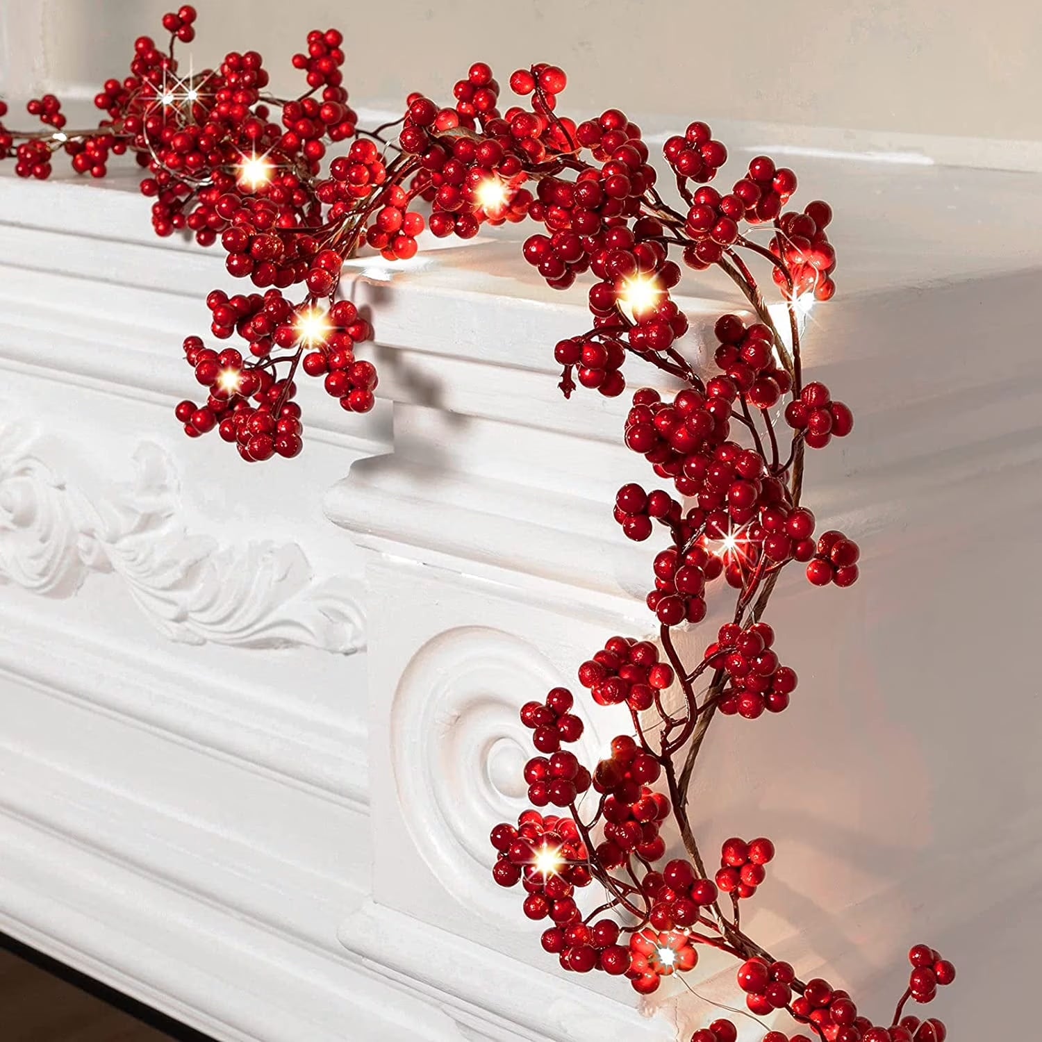 5.9Ft Red Berry Christmas Garland with Lights Artificial Garland for Indoor Mantle Fireplace Staircase Home Xmas Decoration