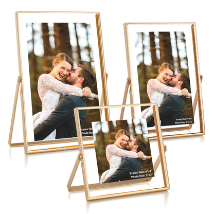 RICHFOCUS Set of 3 Floating Picture Frame Includes 4x4 4x6 5x7 Floating Display for 2x2 3.5x5 4x6 Beaded Metal Picture Frames with Real Glass Tabletop Photo Frame for Multiple Size Gold