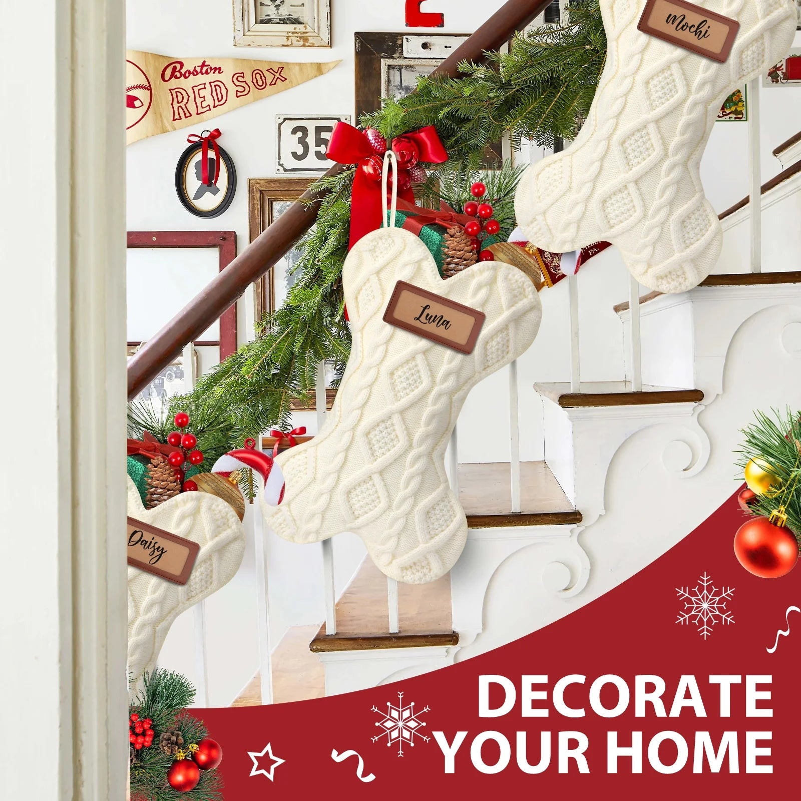 18" Dog Christmas Stocking, Bone Shape Stocking Christmas for Dog, Large Pet Stockings Hanging Christmas Decorations (White)