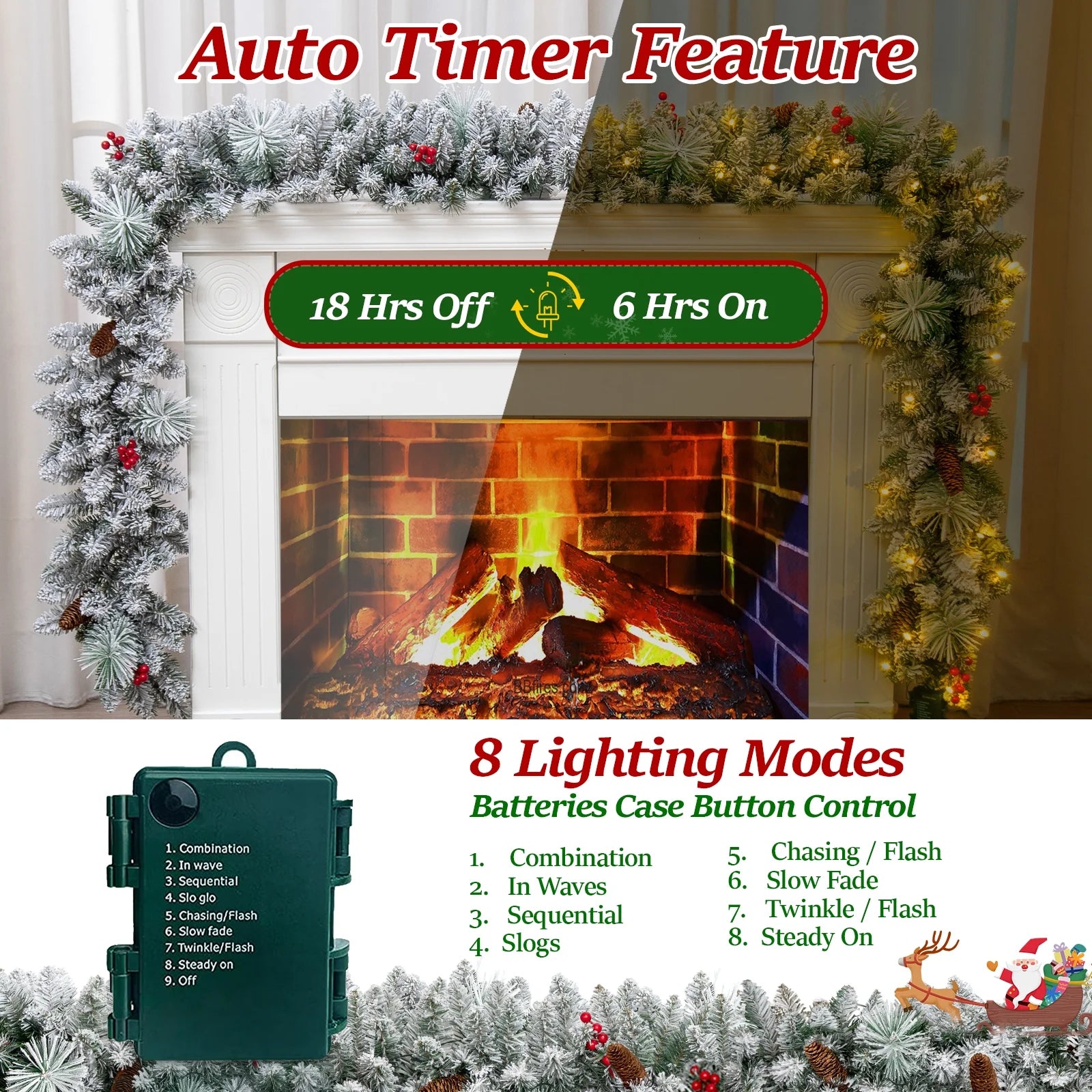 9Ft Pre-Lit Snow Flocked Christmas Garland with LED Lights W/ 8 Modes & Timer for Outdoor Indoor Xmas Decoration Fireplace Stairs Doorway Railings Decor, Battery Operated