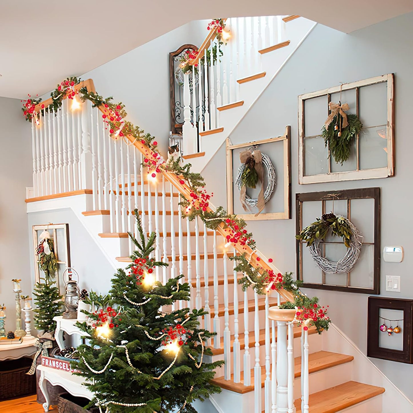 10FT 30 LED Christmas String Lights, Battery Operated, 2 Light Modes, Red Berry Garland for Christmas Tree & Fireplace Decoration, Indoor