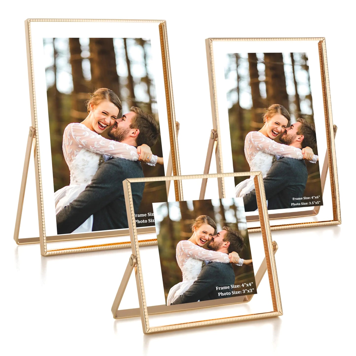 RICHFOCUS Set of 3 Floating Picture Frame Includes 4x4 4x6 5x7 Floating Display for 2x2 3.5x5 4x6 Beaded Metal Picture Frames with Real Glass Tabletop Photo Frame for Multiple Size Gold
